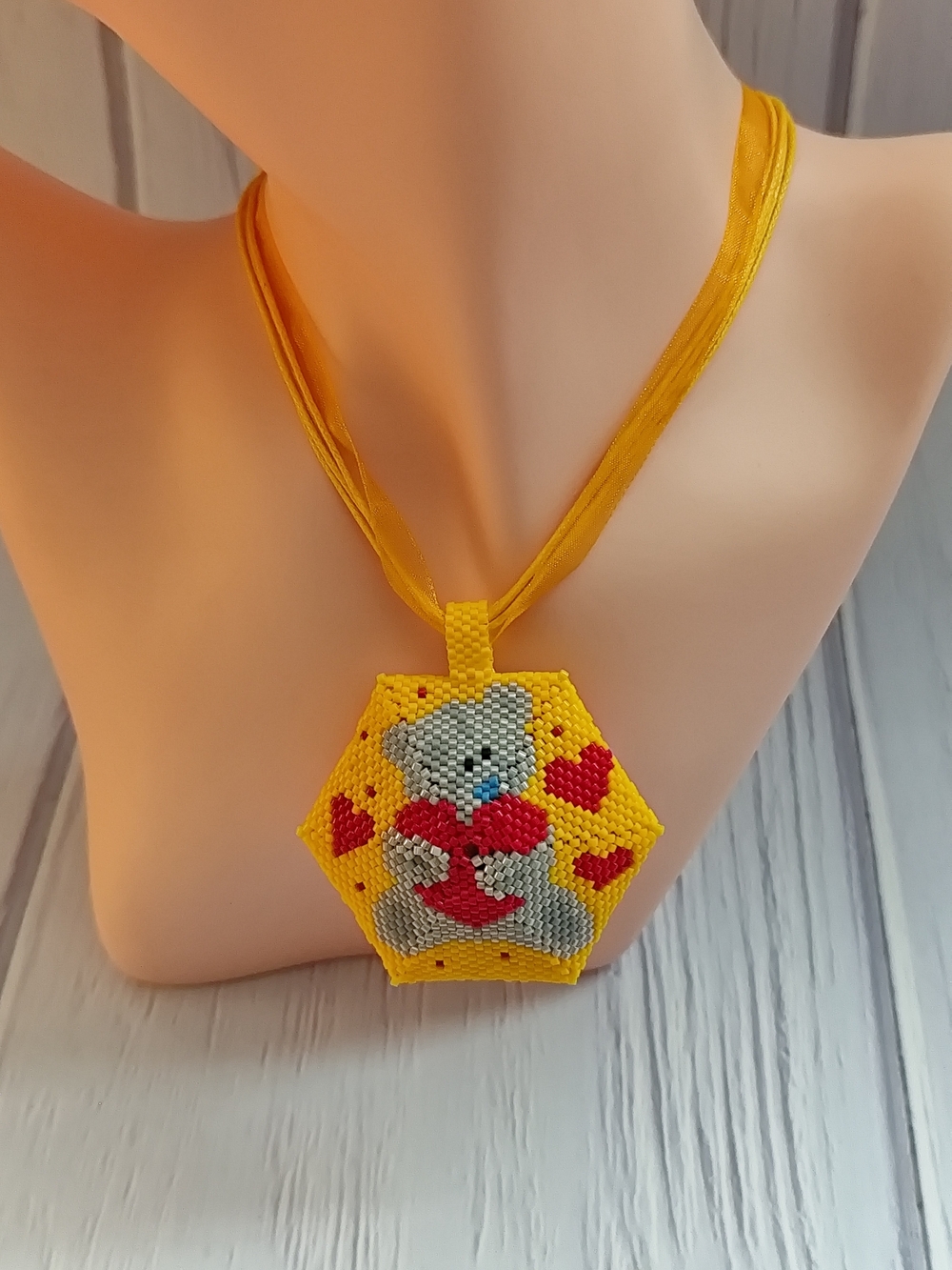 Handmade Beaded  Bear Pendant in Yellow & Red - Picture 13 of 13